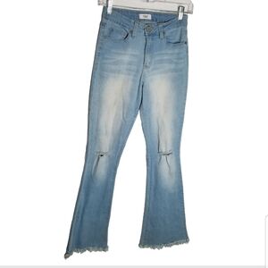 YMI Jeans Women's 3/26 Flare Stretch Blue Denim Distressed Light Wash Raw Hem